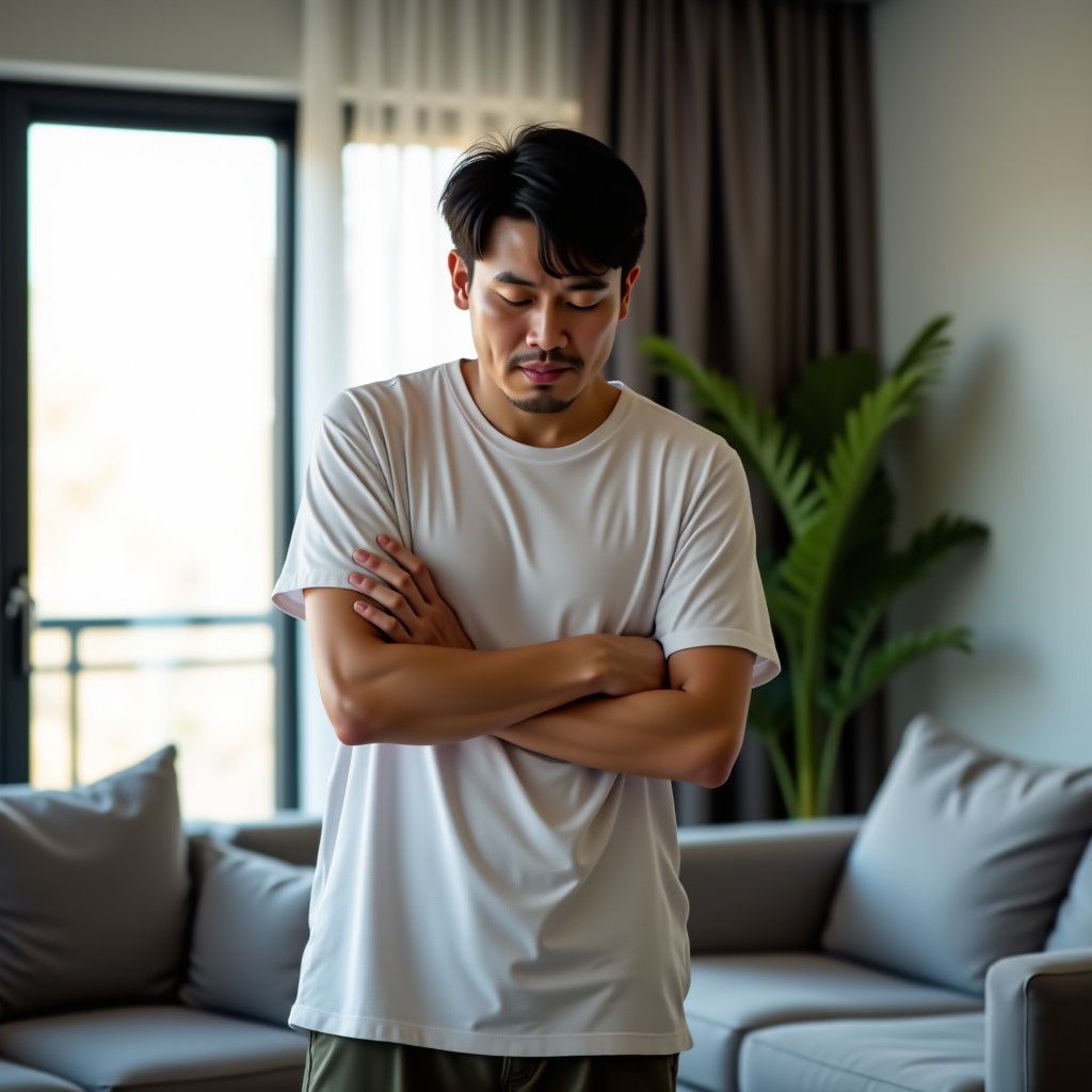 A Korean man in his 40s wearing comfortable indoor clothes holding his left flank with a painful expression natural lighting in a modern living room 4:3