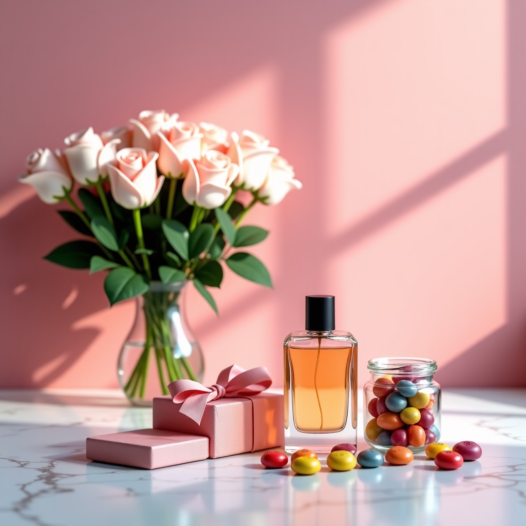 A stylish collection of gifts including a bouquet of pastel pink roses, a high-end perfume bottle, and a jar of colorful gourmet candies arranged on a clean marble surface. Bright and elegant aesthetic. 4:3