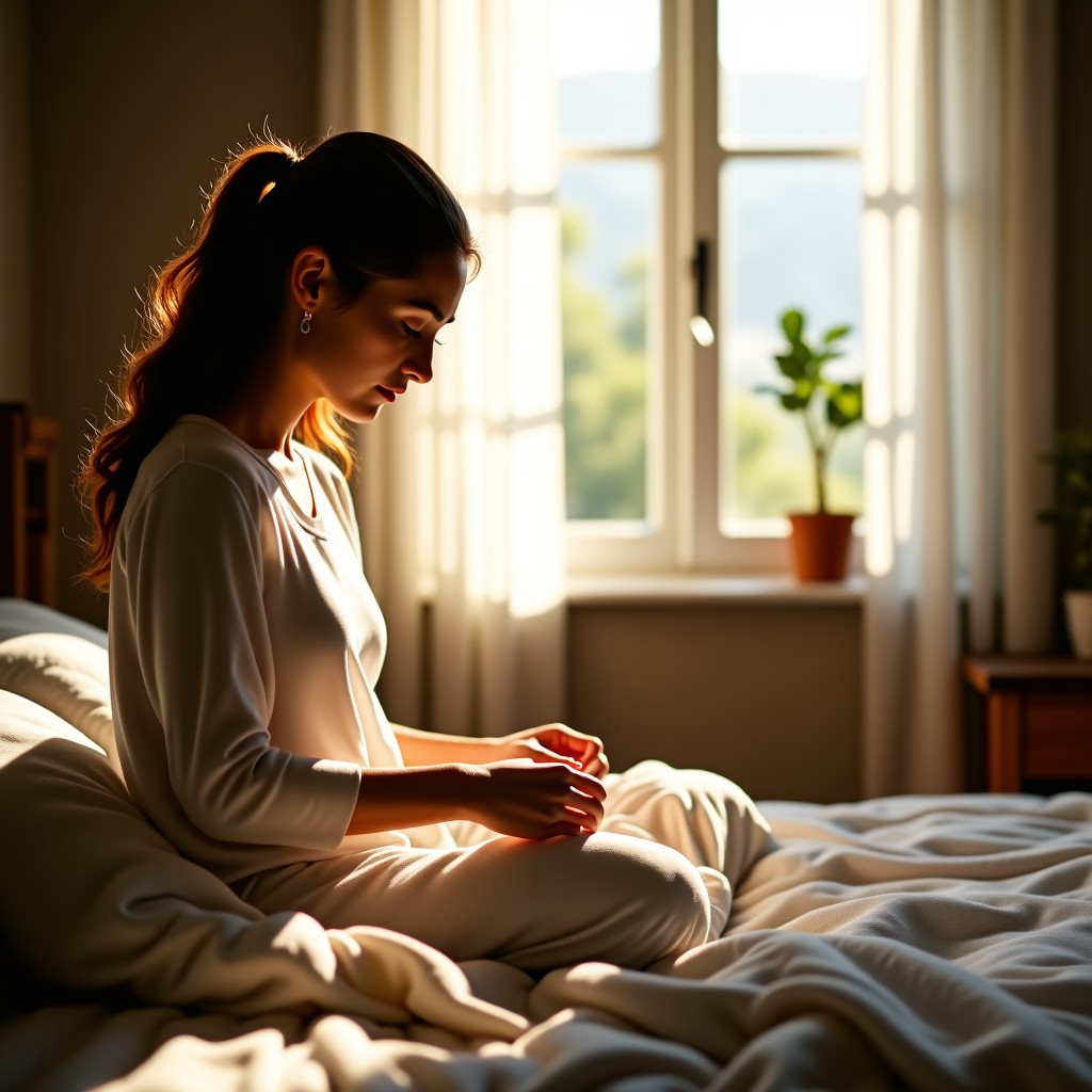 A serene and peaceful setting showing a person focusing on sensory experiences. Soft sunlight filtering through a window, touching textured fabric. Calm and warm atmosphere with natural wooden elements. High quality lifestyle photography. 1:1