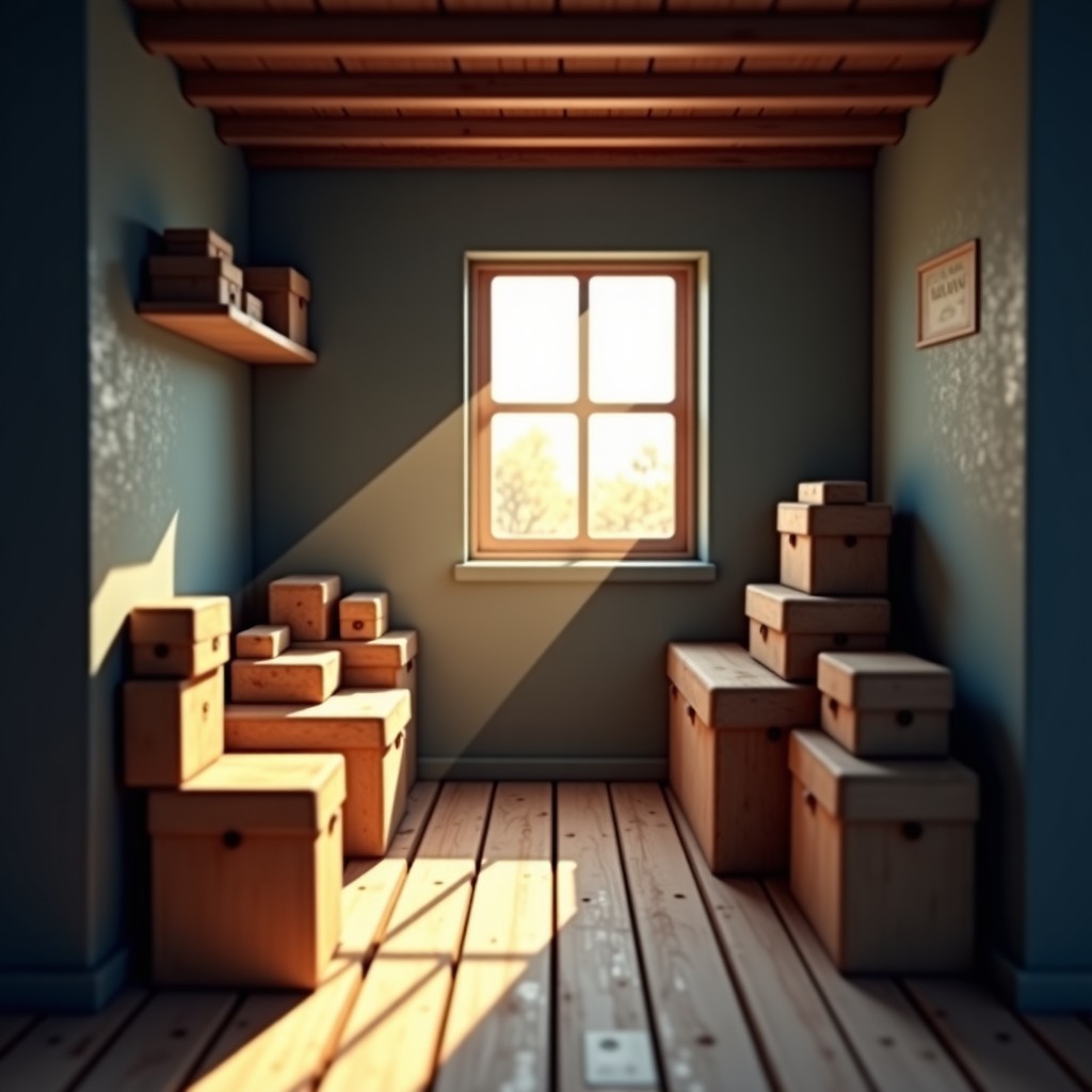 Interior of a cozy vintage storage room with soft dusty light coming through a small window. There are old boxes and warm wooden textures creating a nostalgic atmosphere. 1:1