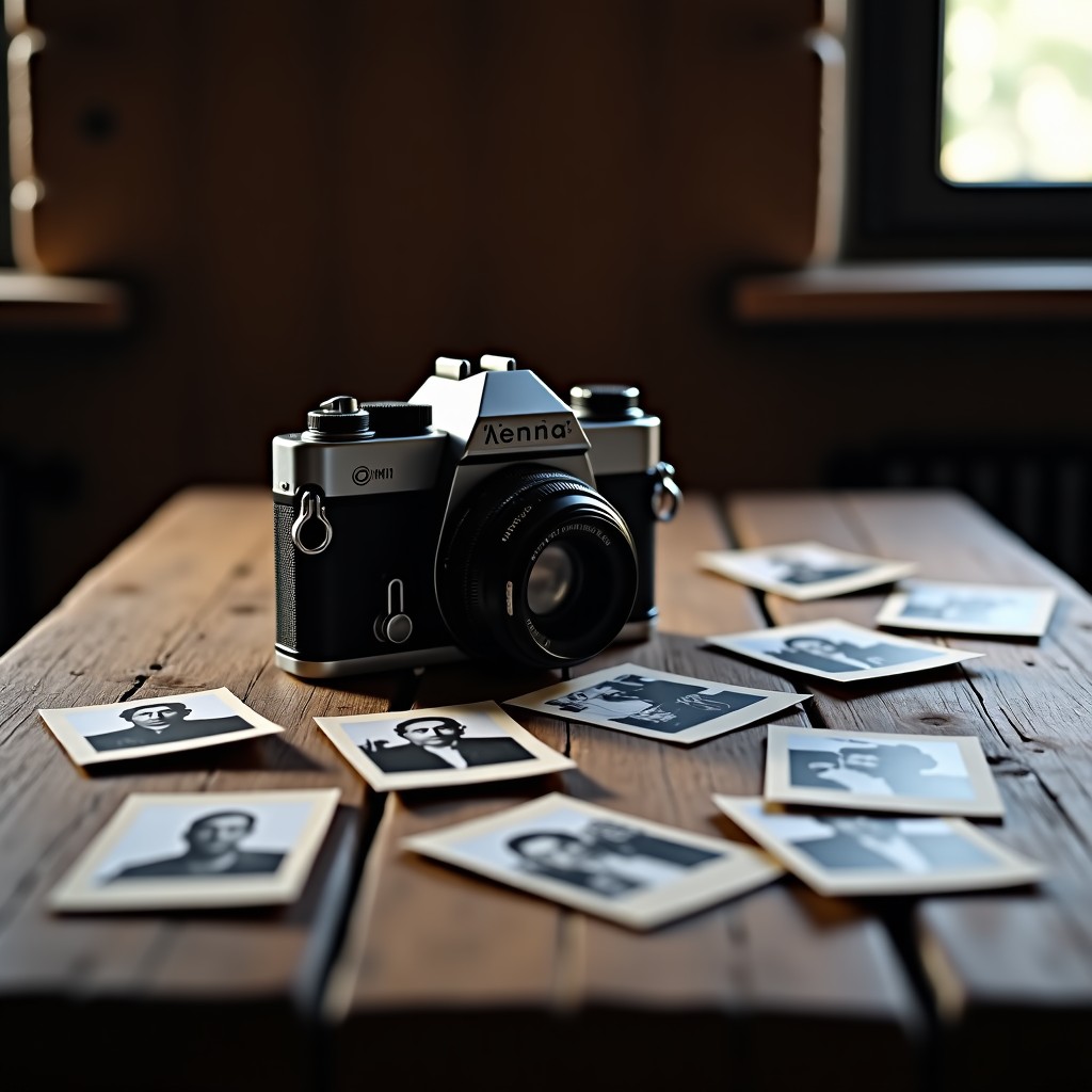 An old vintage camera on a rustic wooden table with scattered black and white photos of people, moody lighting, 4:3