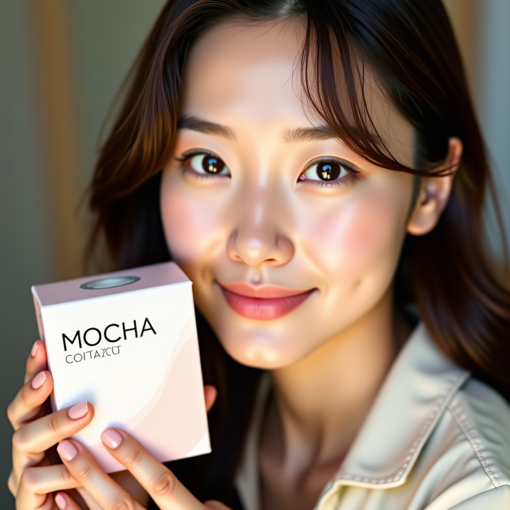 A Korean woman with clear and sparkling eyes looking at the camera, showing a natural highlight effect in her pupils. Beside her is a stylish contact lens packaging box with 'MOCHA' text subtly visible. Soft, warm lifestyle photography, natural indoor lighting. 1:1
