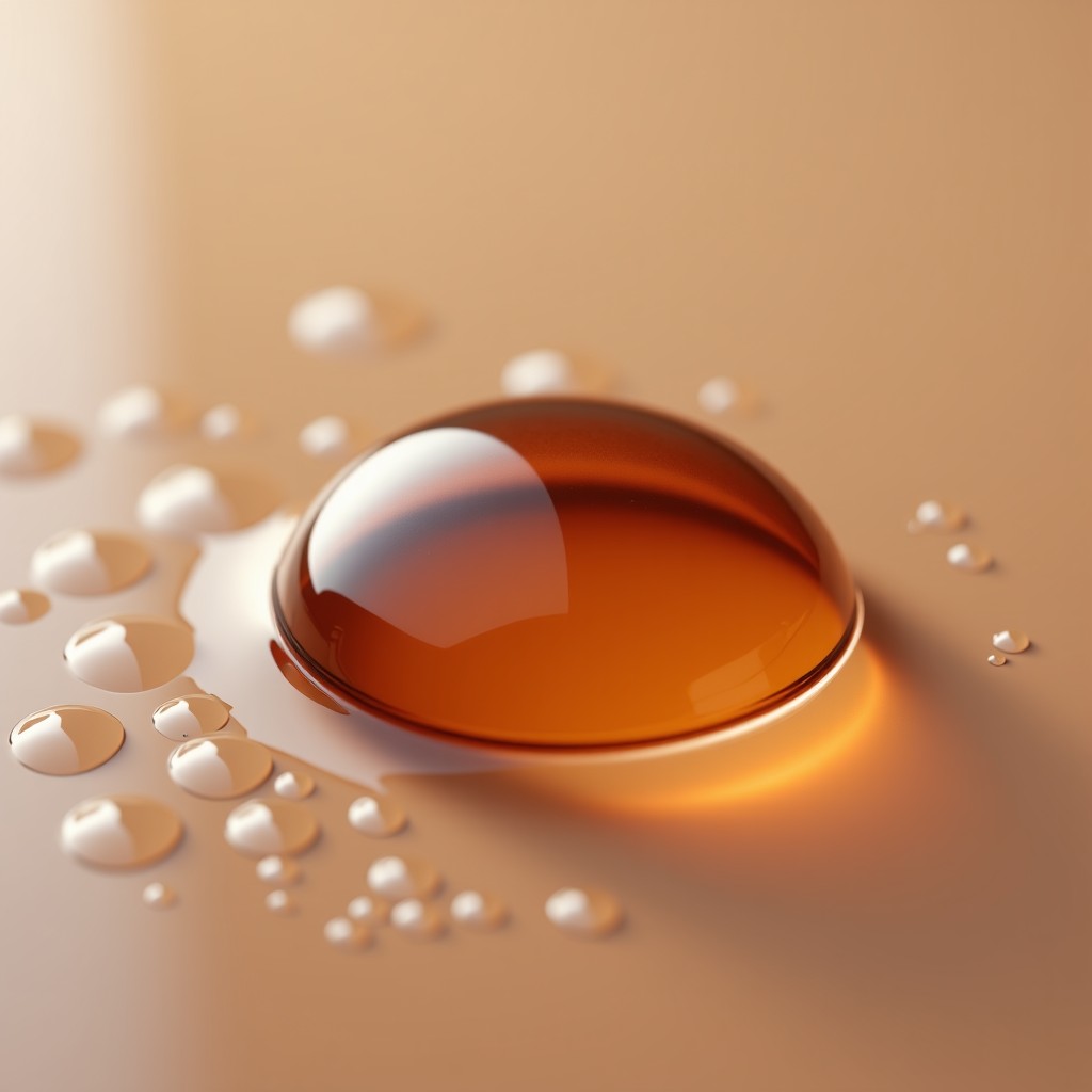 Close-up macro shot of a brown contact lens with delicate highlight patterns resembling falling raindrops. The lens is placed on a clean, moist surface to emphasize its hydration. High contrast, clean layout, soft brown and mocha tones. 4:3