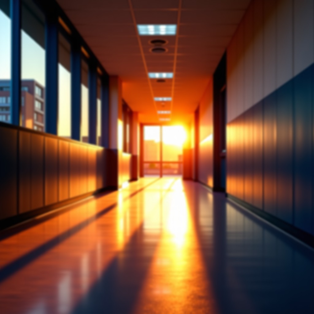 A lonely middle school hallway during sunset with orange light streaming through the windows. Long shadows on the floor creating a melancholic and cinematic atmosphere. Modern layout, 4:3