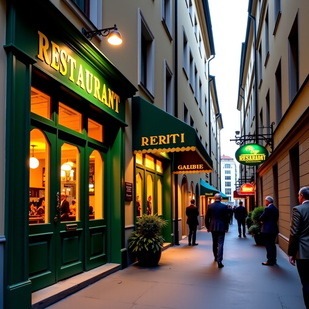 A historic restaurant entrance in a narrow alley of Vienna Austria with a vintage green sign and gold lettering. Warm lighting from the windows and people standing nearby in a classic European street setting. 4:3