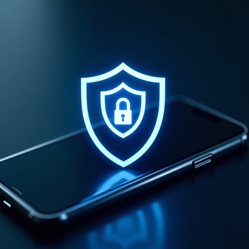 A sleek digital shield icon over a blurred background of a smartphone screen showing security settings, clean infographic style, high contrast, 1:1