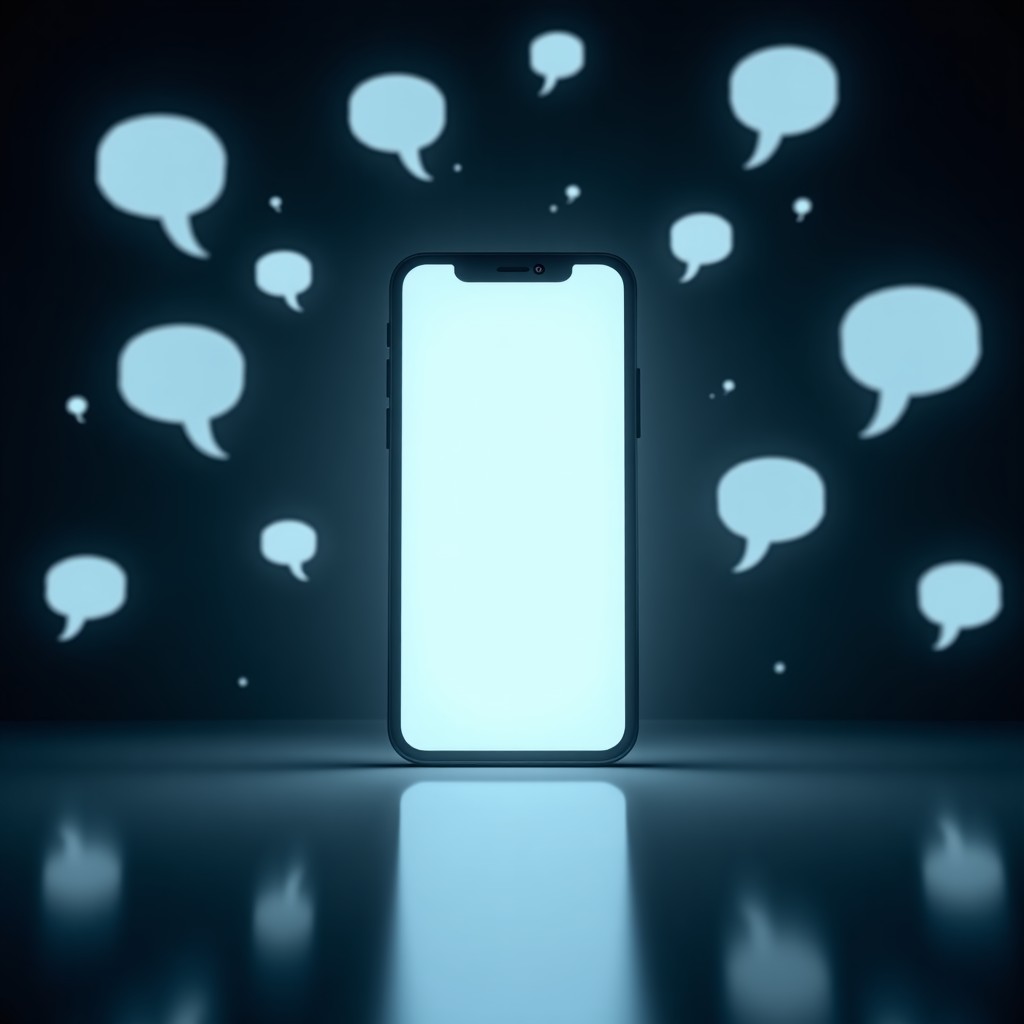 A smartphone screen glowing in a dark room with many aggressive speech bubbles floating around it in a chaotic manner, symbolizing the spread of digital dishonor, modern and cinematic style, 4:3