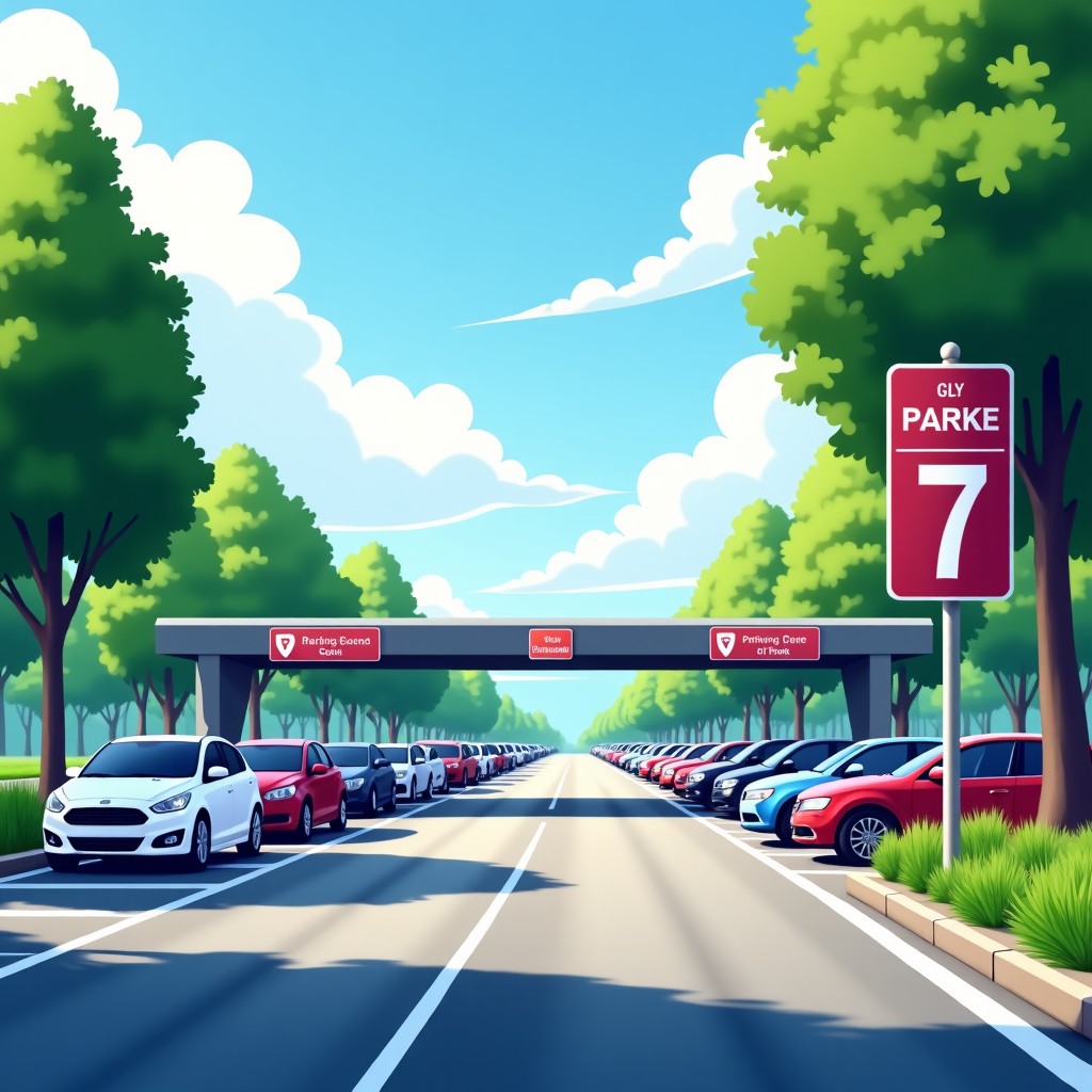 A busy parking lot entrance at a large park in Seoul, focusing on car queues and parking guidance signs. Realistic lifestyle photography, 4:3