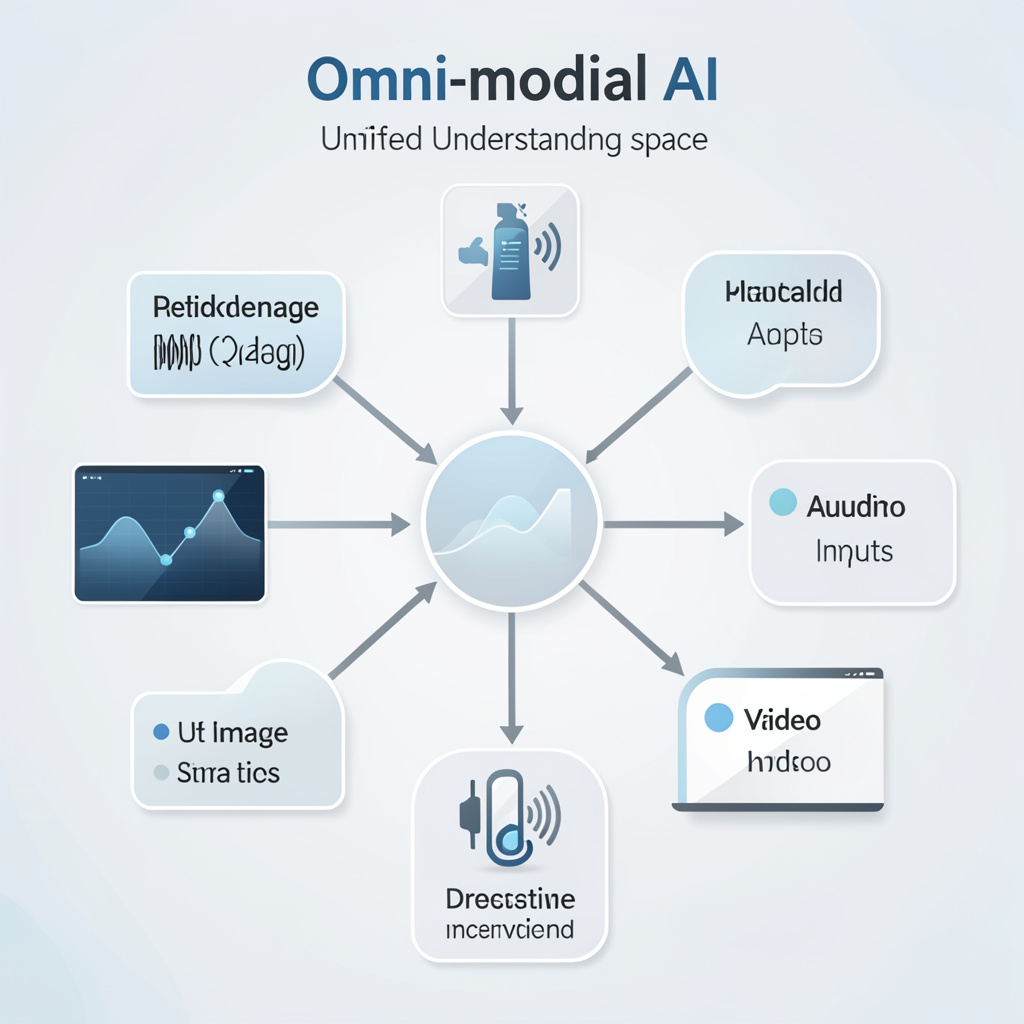 A modern infographic explaining the concept of Omni-modal AI, showing text, image, audio, and video inputs being processed together into a unified understanding space. The image has a clean design with soft blue and gray tones, balanced lighting, and a 4:3 aspect ratio.