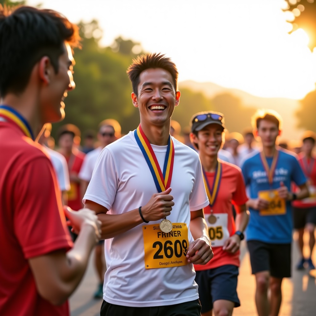 A group of happy male and female runners of Korean appearance smiling and holding their finisher medals after the Daegu marathon. Warm natural sunlight, wearing marathon t-shirts, festive atmosphere in an outdoor park. Lifestyle photography. 4:3