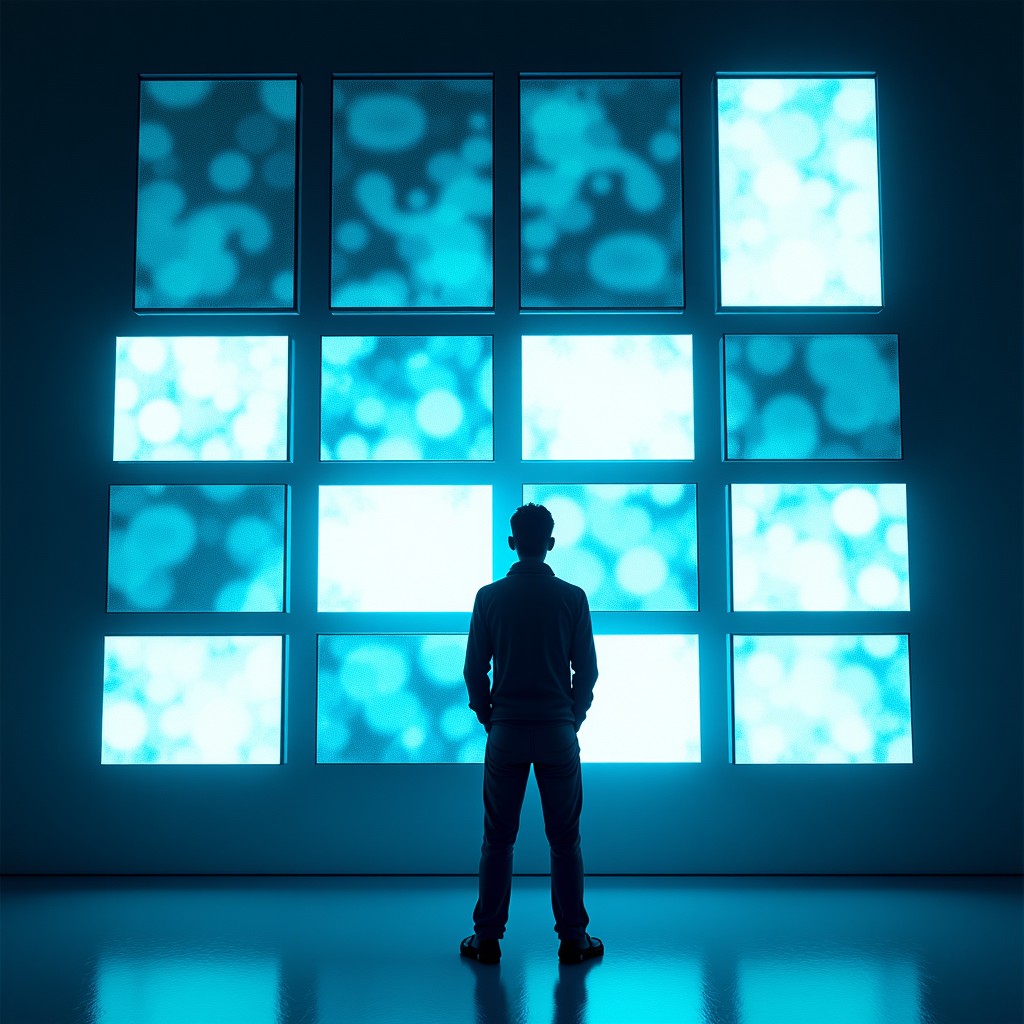 An illustration of a person standing in front of multiple digital screens displaying abstract patterns representing media influence. The style is artistic with a textured background. The lighting is slightly dim to create a reflective atmosphere. 4:3