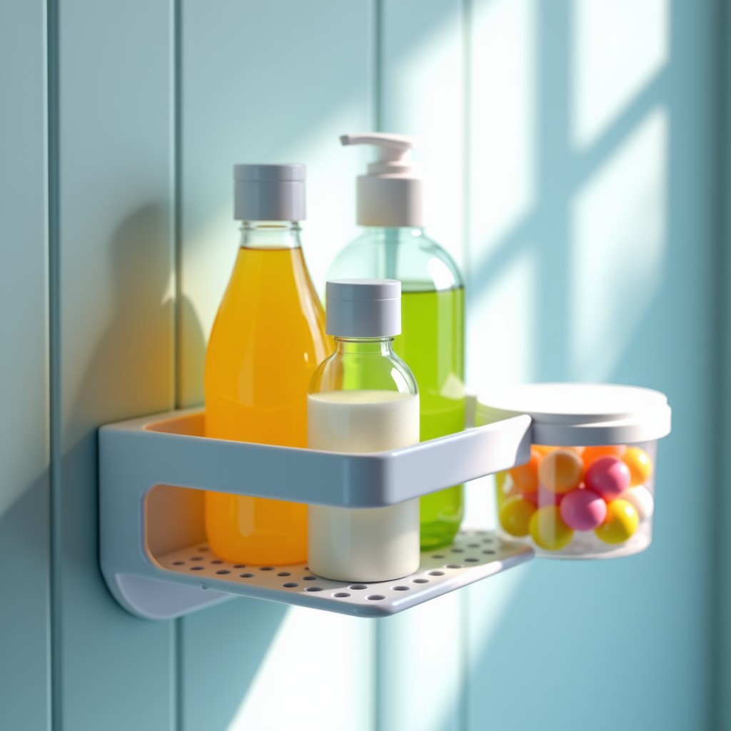 A plastic shower caddy with drainage holes containing shampoo bottles, soap, and a toothbrush. Next to it, a small container of colorful laundry detergent capsules. Clean and bright bathroom background. 1:1