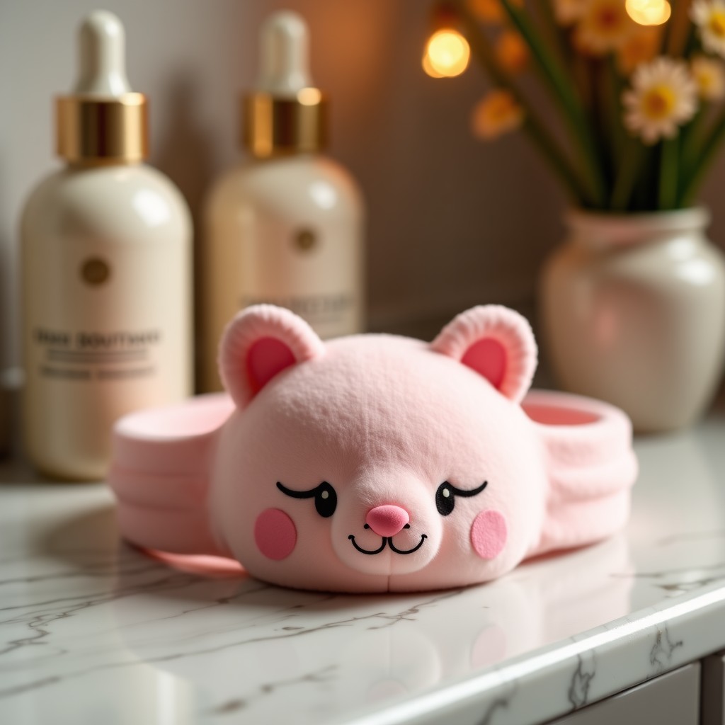 A soft pink microfiber headband with axolotl ear details placed on a clean marble bathroom counter next to some skincare bottles. Warm indoor lighting, cozy atmosphere, high quality texture. 1:1