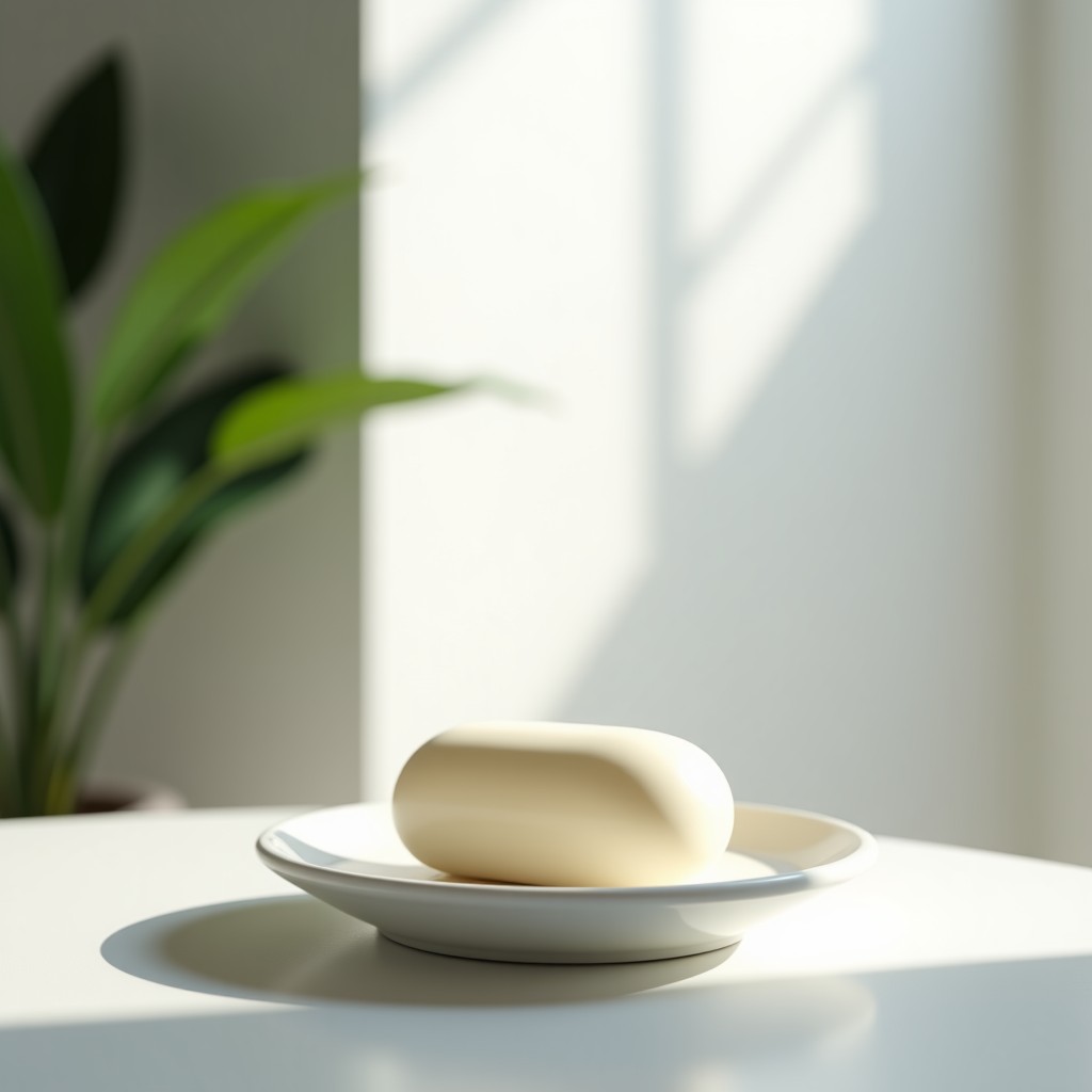 A single white bar of soap placed on a minimalist soap dish in a bright and airy bathroom. The background shows a hint of a clean shower area. Natural and fresh atmosphere. 4:3