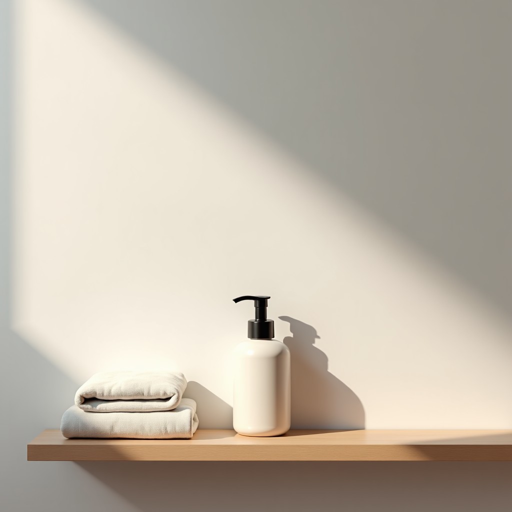 Modern and clean bathroom interior with a wooden shelf. A pump bottle of baby wash and a soft cotton towel are arranged neatly. Minimalist and cozy atmosphere. 4:3