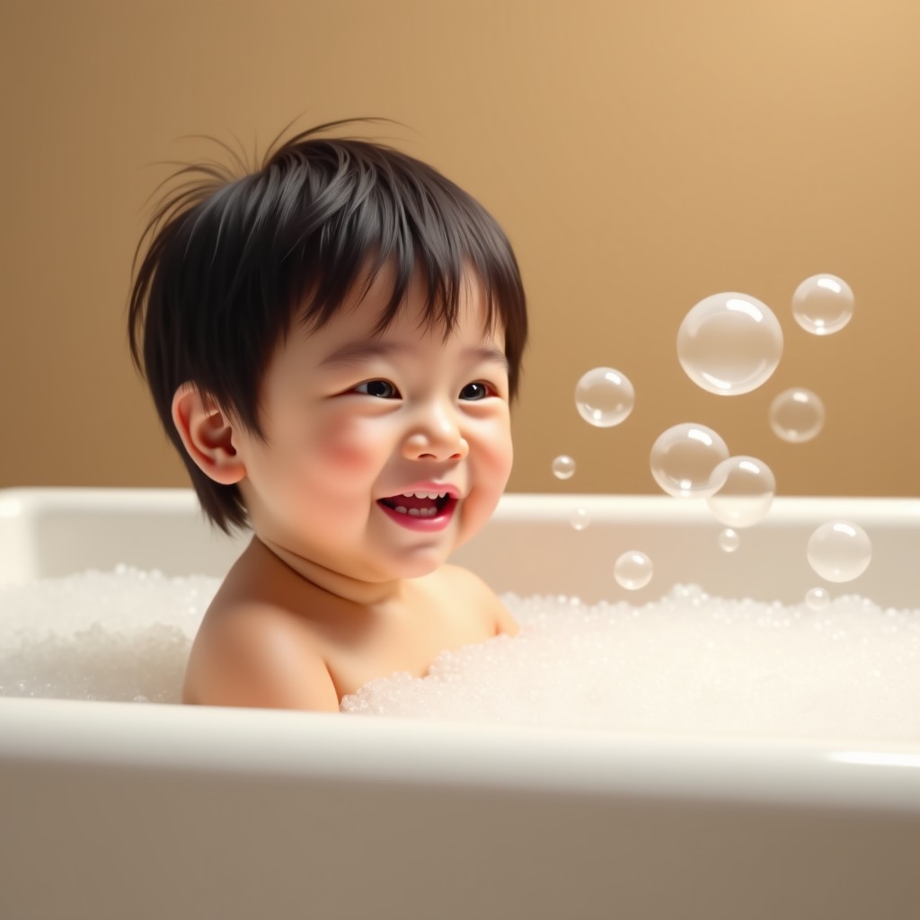 A happy Korean child in a bathtub filled with bubbles, looking at floating soap bubbles and smiling. Warm bathroom background with soft focus. High quality commercial photography. 4:3