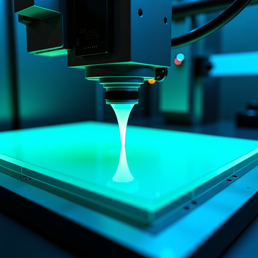 A high-tech printing machine applying a thin colorful liquid film onto a transparent glass substrate, representative of the solution process in electronics manufacturing, vibrant blue and green tones, realistic laboratory environment. 4:3