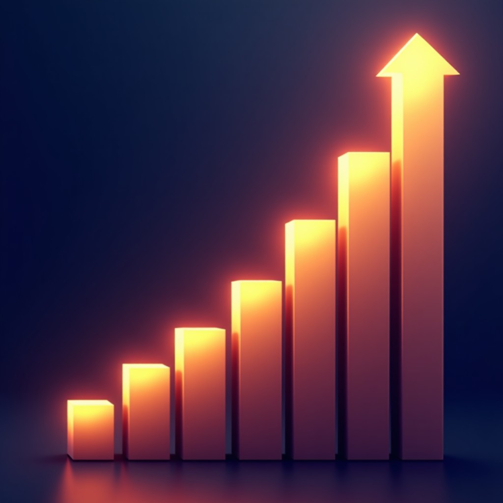 Abstract visualization of exponential growth, glowing golden lines rising steeply upwards against a deep purple and blue background, sharp focus, digital art style, 1:1