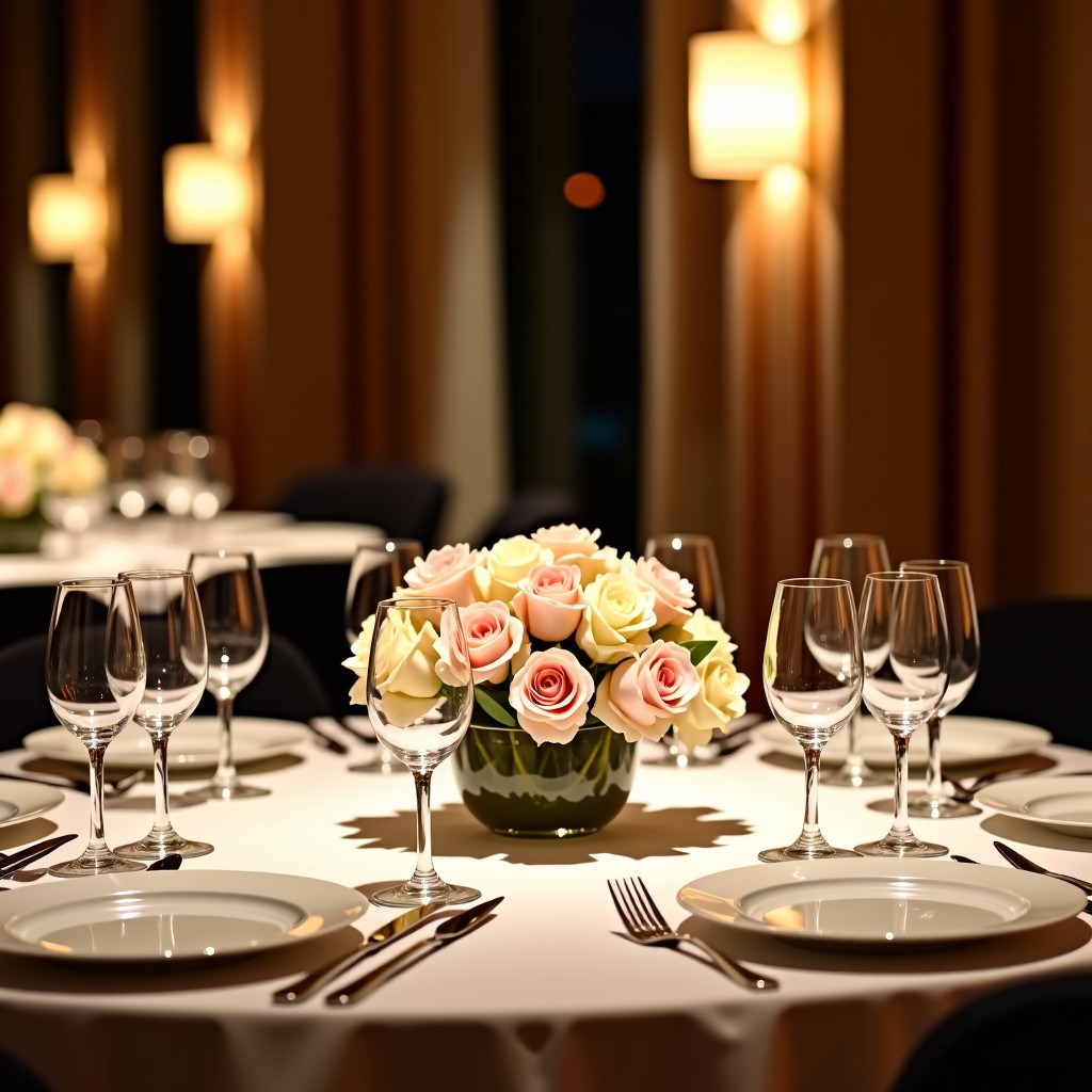 Fine dining wedding reception table setting, luxury porcelain plates, crystal glasses, elegant flower centerpiece, warm ambient lighting, upscale atmosphere, 4:3