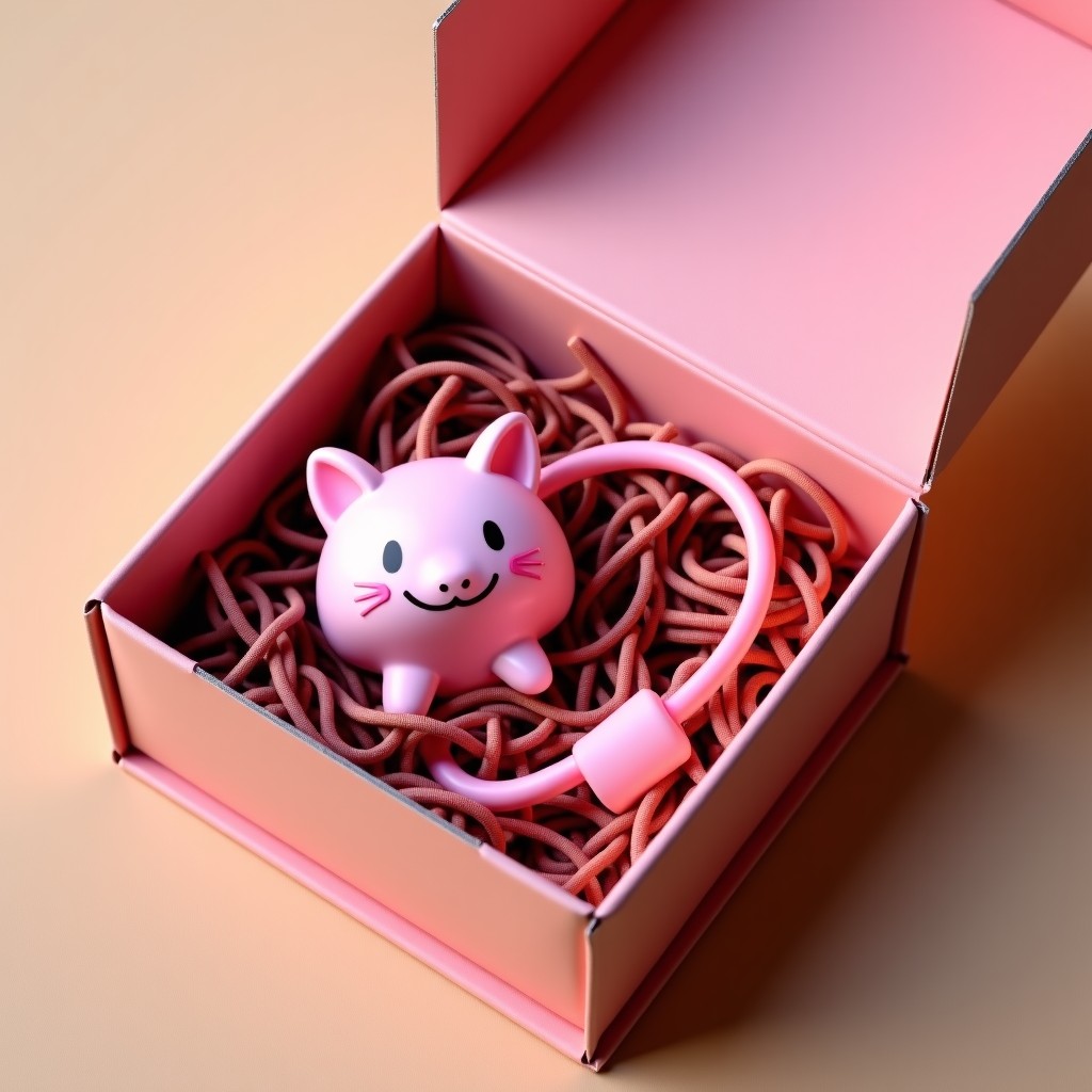 A beautiful gift box opened to reveal a pink axolotl keyring and a headband inside, surrounded by decorative shredded paper. Aesthetic packaging, high angle shot, soft warm lighting. 1:1