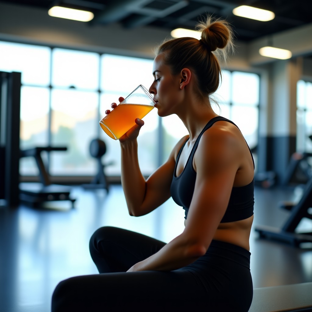 A realistic photography of a person in athletic wear resting on a gym bench, drinking a clear functional beverage. Energetic and refreshing mood, bright fitness center background, focused on the person feeling recharged. 4:3