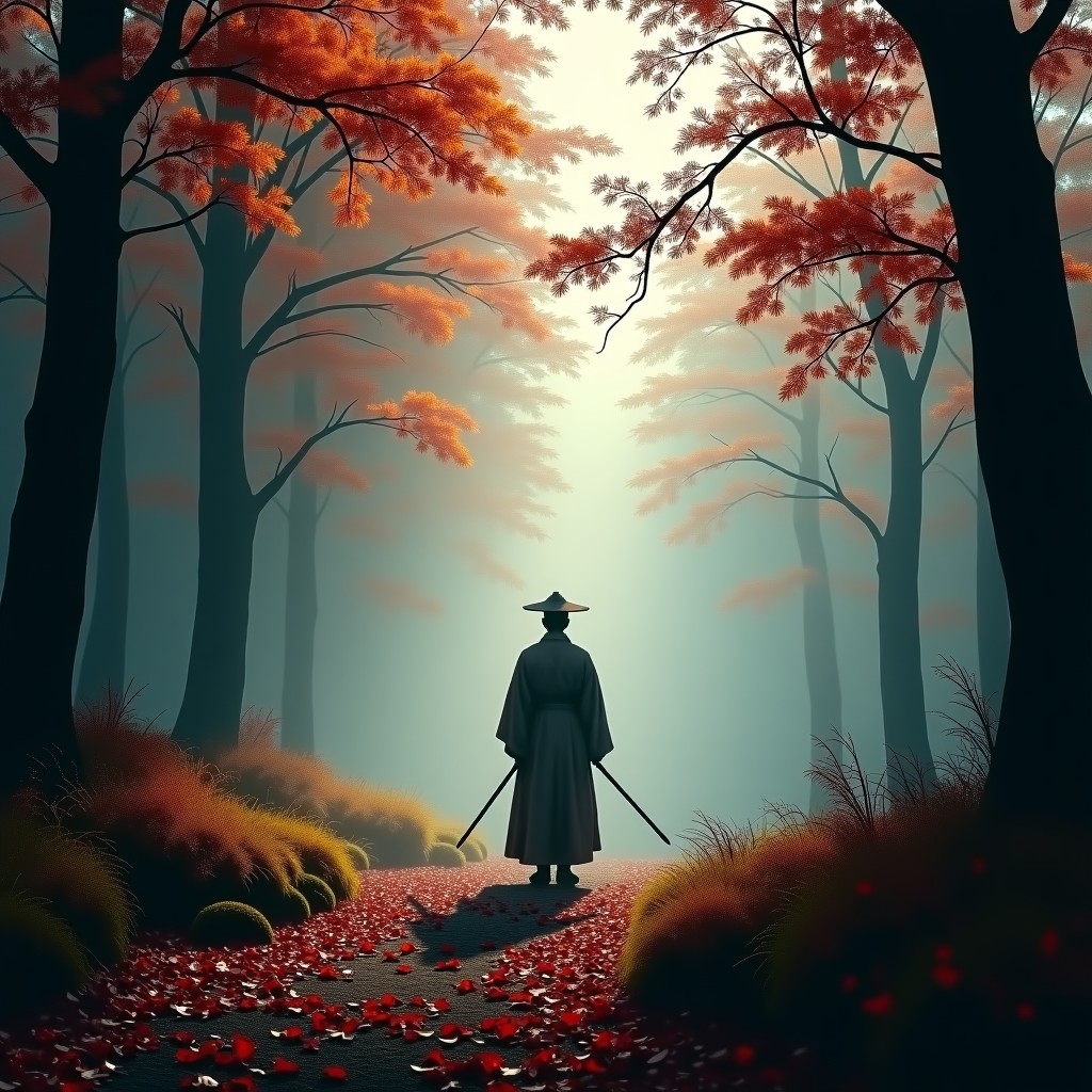 A realistic cinematography shot from a Korean historical drama set in a dense autumn forest hunting ground with traditional Korean costumes and a tense atmosphere high contrast lighting no text 4:3