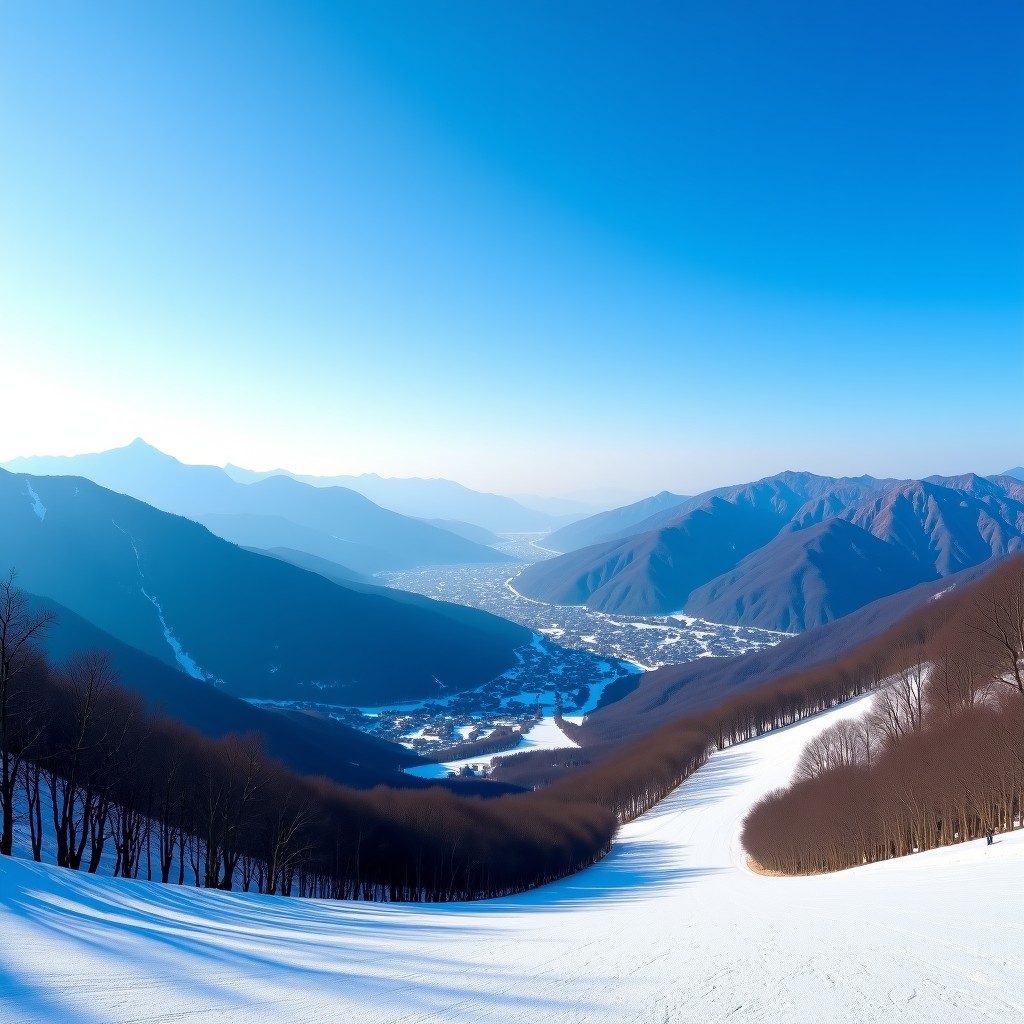 Panoramic view of the mountains and ski resort slopes at Welli Hilli Park in Hoengseong, clear blue sky, natural landscape photography, vivid colors, 4:3