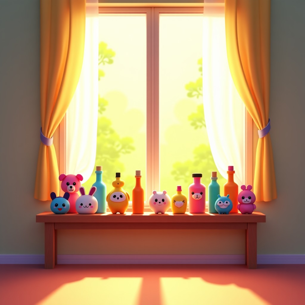 A wide shot of a bright and colorful room interior. On a wooden shelf, various cute character plushies and colorful bottles are neatly arranged. The sun is shining through thin curtains, creating a warm and happy atmosphere. Artistic interior rendering. 4:3