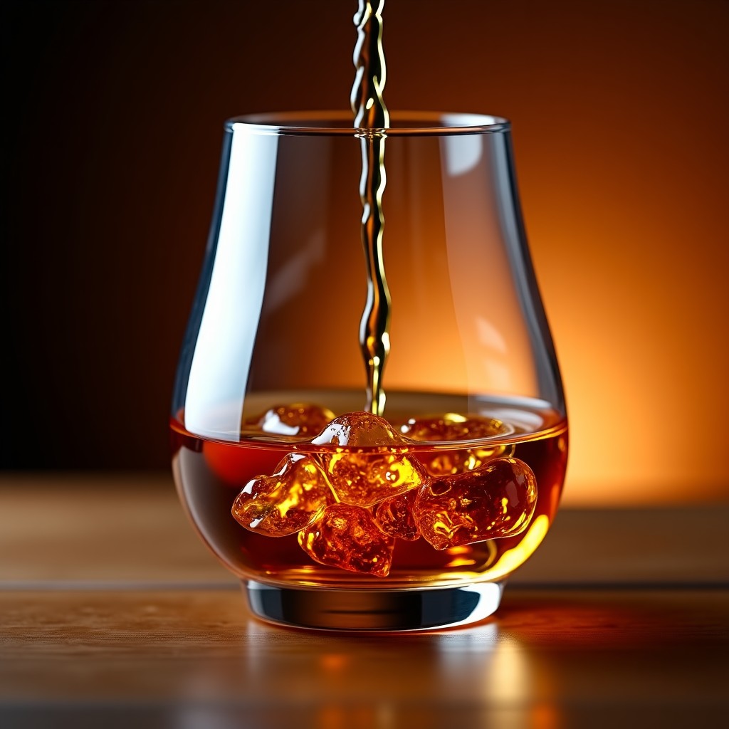 Close-up of rich amber scotch whisky being poured into a high-quality crystal glass. Golden liquid swirls with reflections. Warm mahogany background, natural setting, luxury feel, 1:1