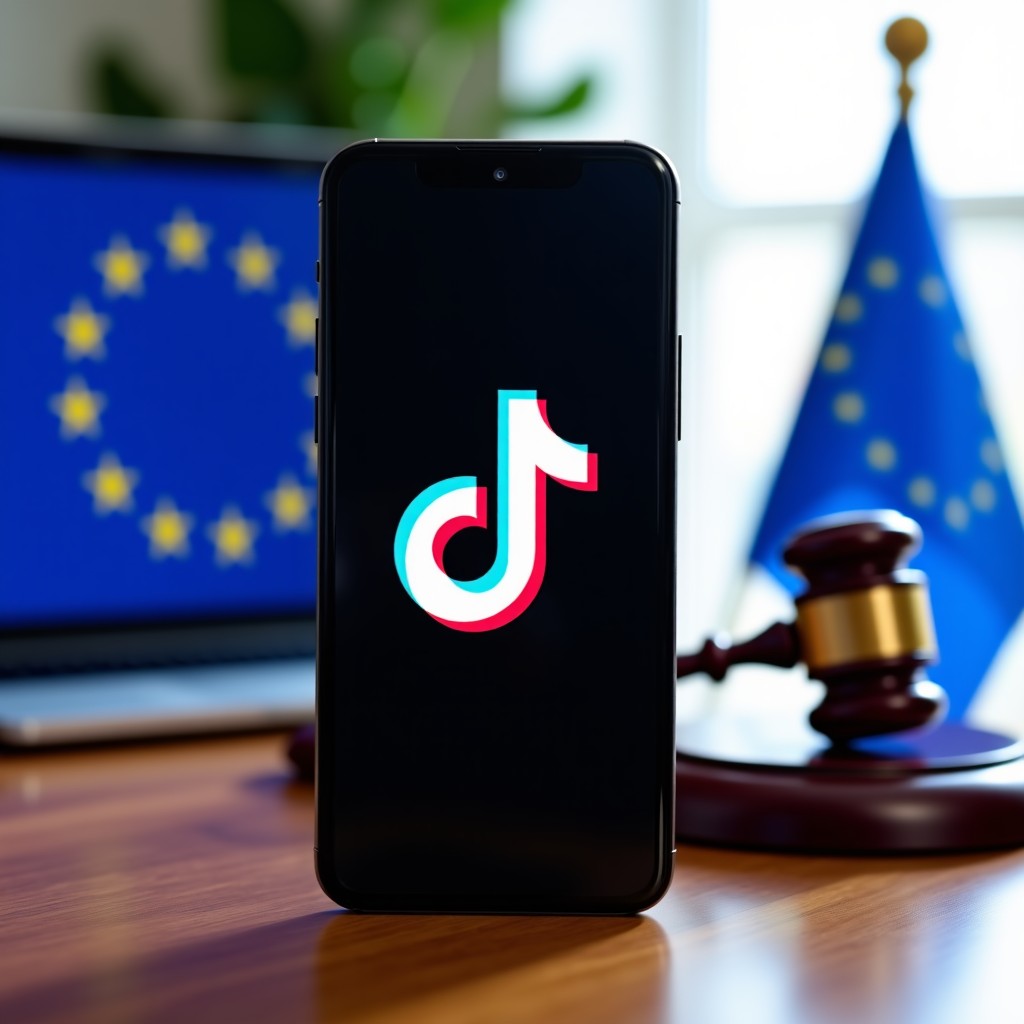 A high-quality image showing a smartphone displaying the TikTok logo placed next to a symbolic gavel and a digital representation of the European Union flag, modern office lighting, high contrast, 4:3