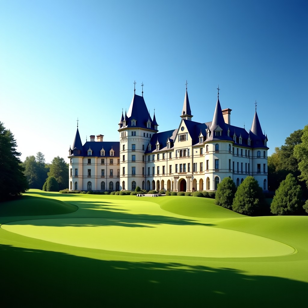 A majestic luxury hotel building with European castle architecture, located in the middle of a lush green golf course, clear blue sky, wide angle view, high quality photography, 4:3
