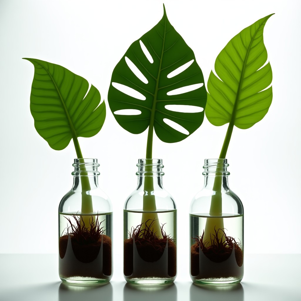Monstera stem cuttings with aerial roots placed in clear glass bottles filled with water roots growing clearly visible bright and clean aesthetic 1:1