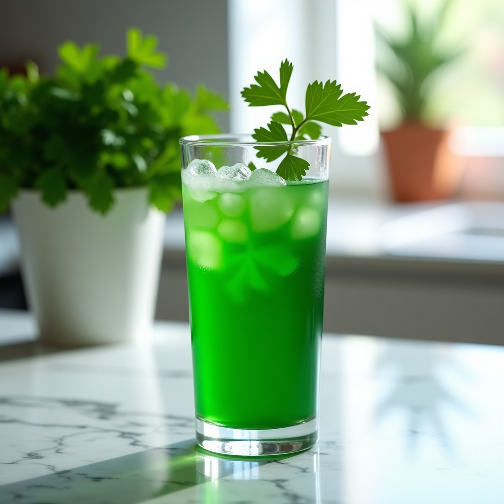 A glass of fresh green vegetable juice made of water parsley on a modern marble counter. Lifestyle photography style. 4:3