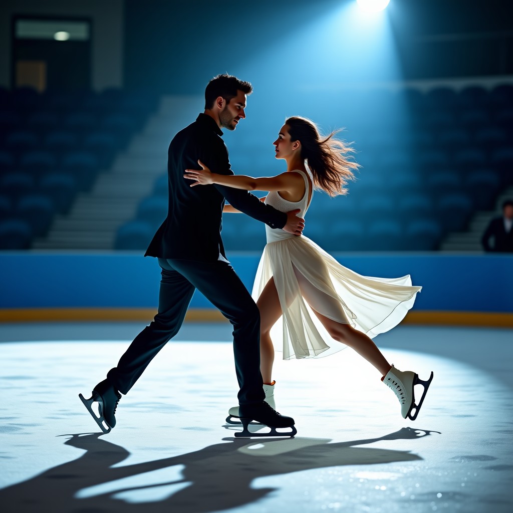 A professional figure skating pair performing a dramatic ice dance sequence on a pristine indoor rink. The male skater has a focused expression and the female skater is in a fluid motion. Cinematic lighting highlighting the ice textures and their elegant costumes. No text. 4:3
