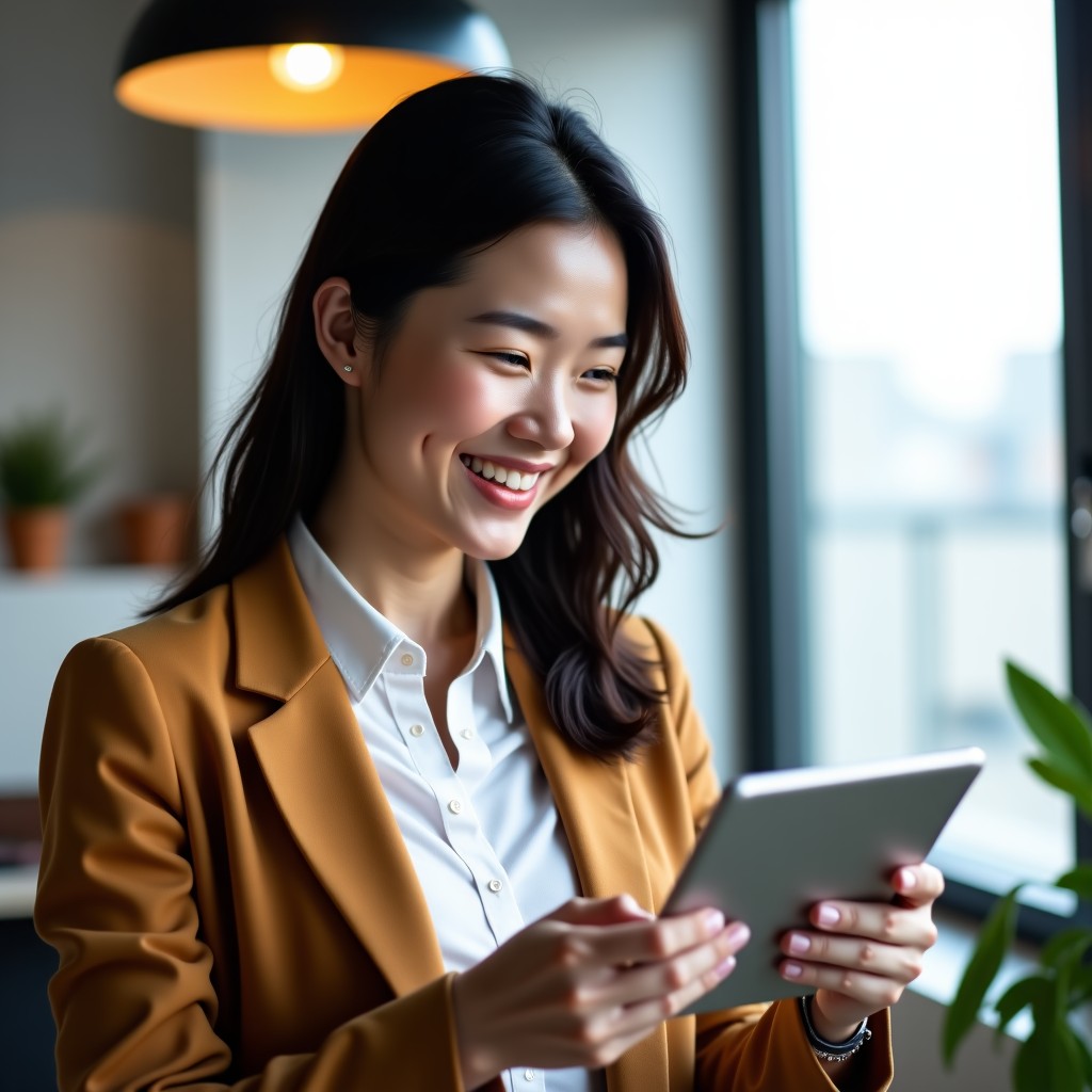 A Korean woman in a modern office setting, looking at a tablet and smiling warmly, professional yet casual attire, soft natural indoor lighting, cozy atmosphere, focus on expression, realistic photography, 4:3