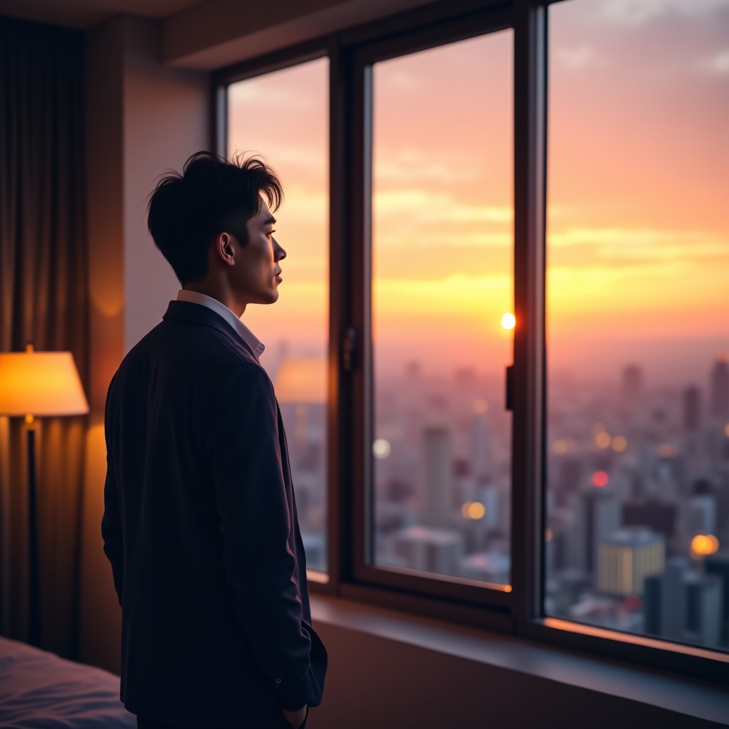A thoughtful middle-aged Korean man looking out a large window at a sunset city view. He has a calm but slightly lonely expression. The room is modern and cozy with warm interior lighting. High quality photography, realistic style, 4:3