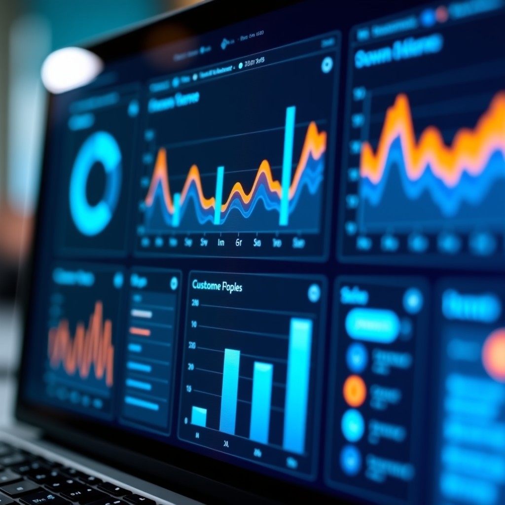 A sleek and modern digital dashboard screen showing abstract data visualizations of speech patterns and customer service metrics. The interface uses blue and orange colors consistent with a professional business environment. No text or numbers clearly visible. 4:3