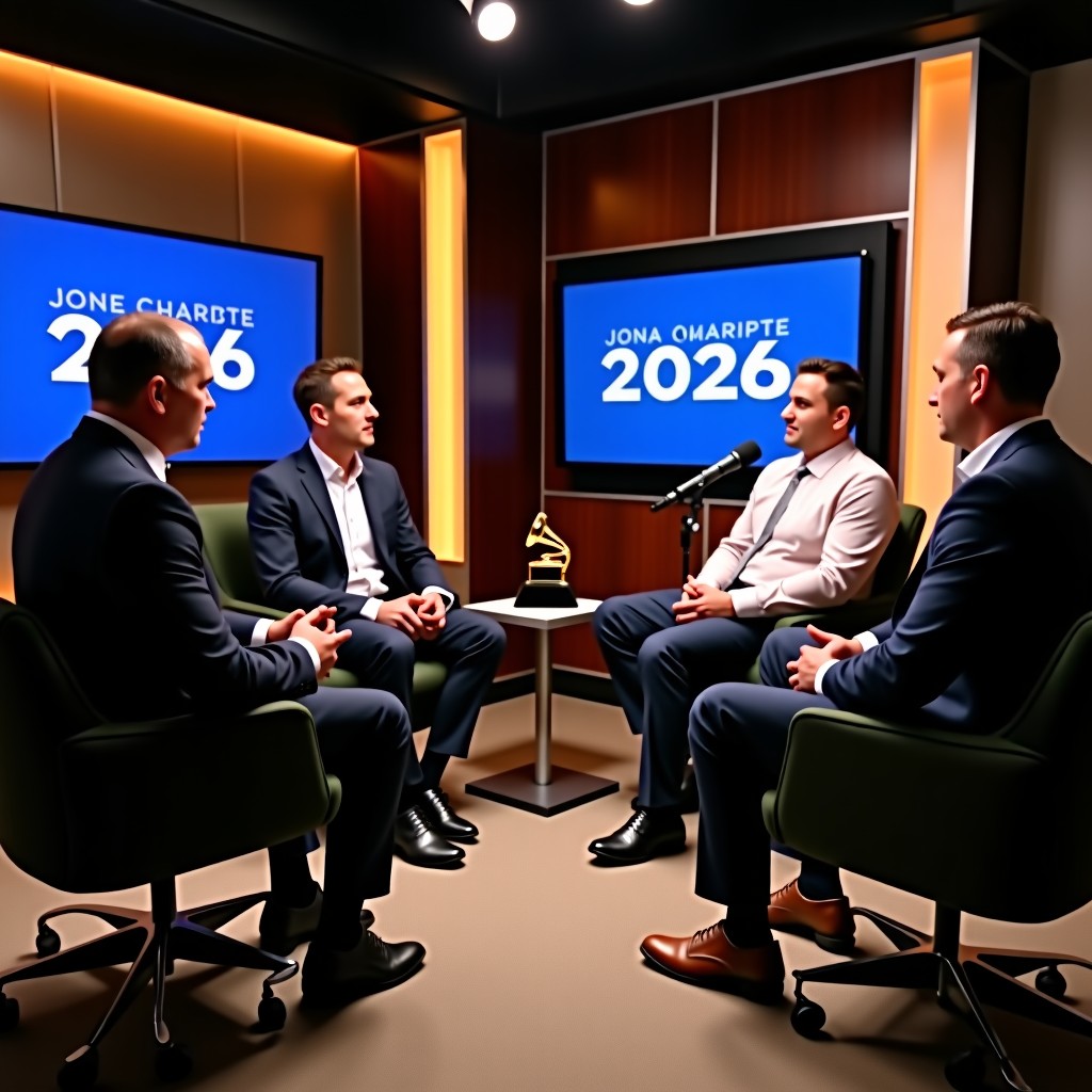 Professional music critics and hosts sitting in a modern broadcast studio discussing the Grammy 2026 awards, sophisticated recording equipment in the background, warm interior lighting, 1:1
