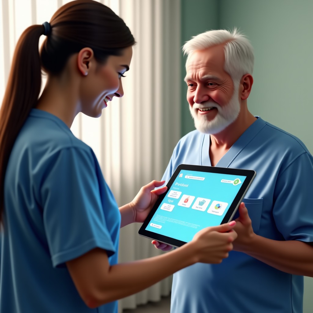 A medical setting where a patient is using a tablet with a supportive AI interface. A caregiver is standing nearby smiling. Realistic and warm environment. 4:3