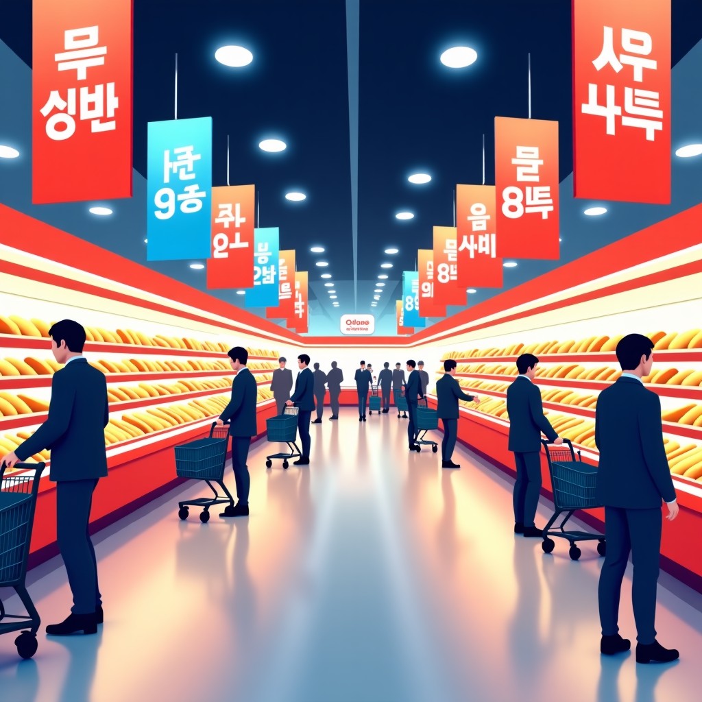 A wide-angle interior view of a modern South Korean supermarket with colorful promotional banners for a winter sale event called Goraeat Festa February. People are shopping with carts in a bright and lively atmosphere. 4:3