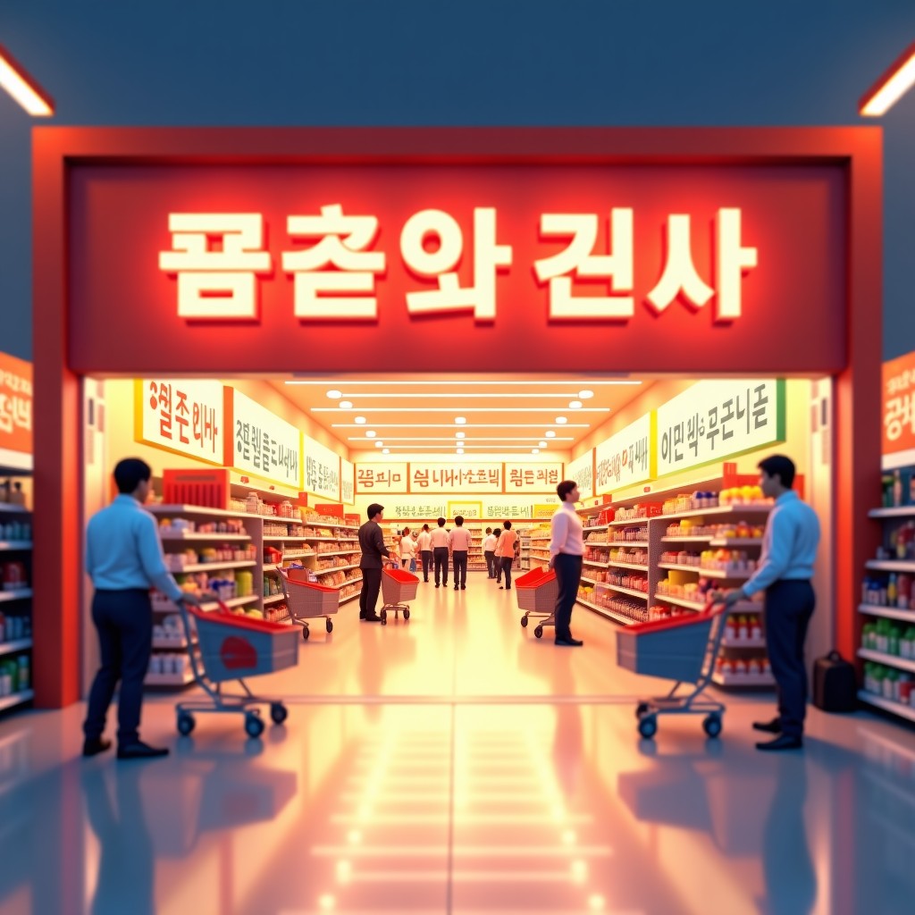 A wide shot of a modern Korean supermarket entrance during a festive sale event with colorful banners and people shopping with carts. Warm and bright lighting. 4:3