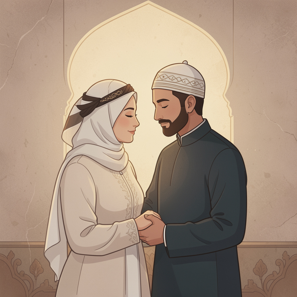A symbolic illustration of a couple in a peaceful, intimate setting, representing the sacred bond of marriage in Islam, with soft lighting and a textured background, 4:3