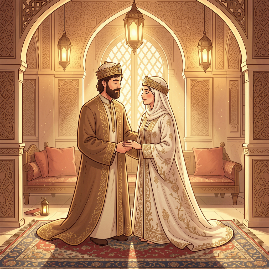 A serene illustration of a couple in a traditional Islamic setting, symbolizing the sacred bond of marriage and spiritual connection, warm lighting, 1:1
