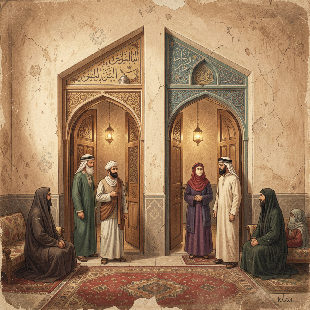 An artistic rendering of a traditional Islamic household with separate entrances for men and women, symbolizing modesty and social structure, textured background, 4:3