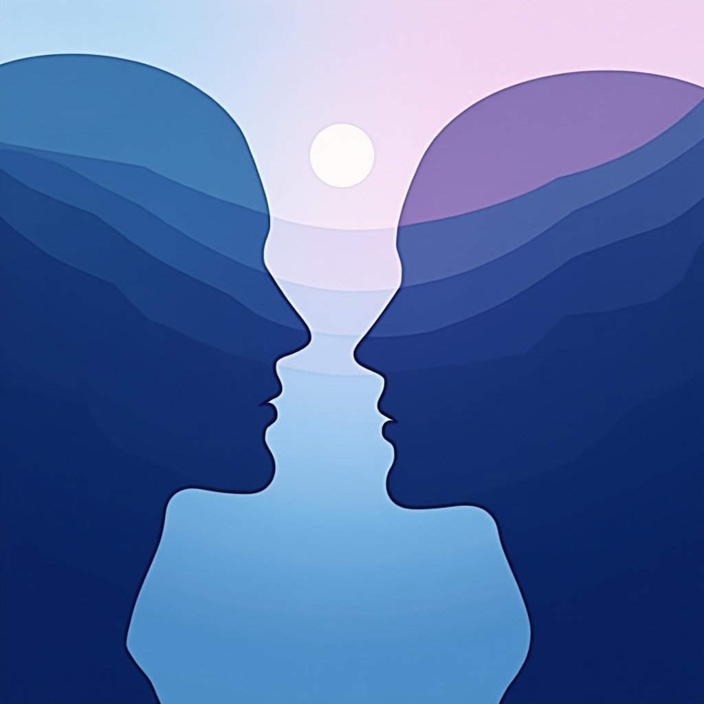 A conceptual illustration of human consciousness and psychological layers with soft blue and purple gradients, modern and clean style. 4:3