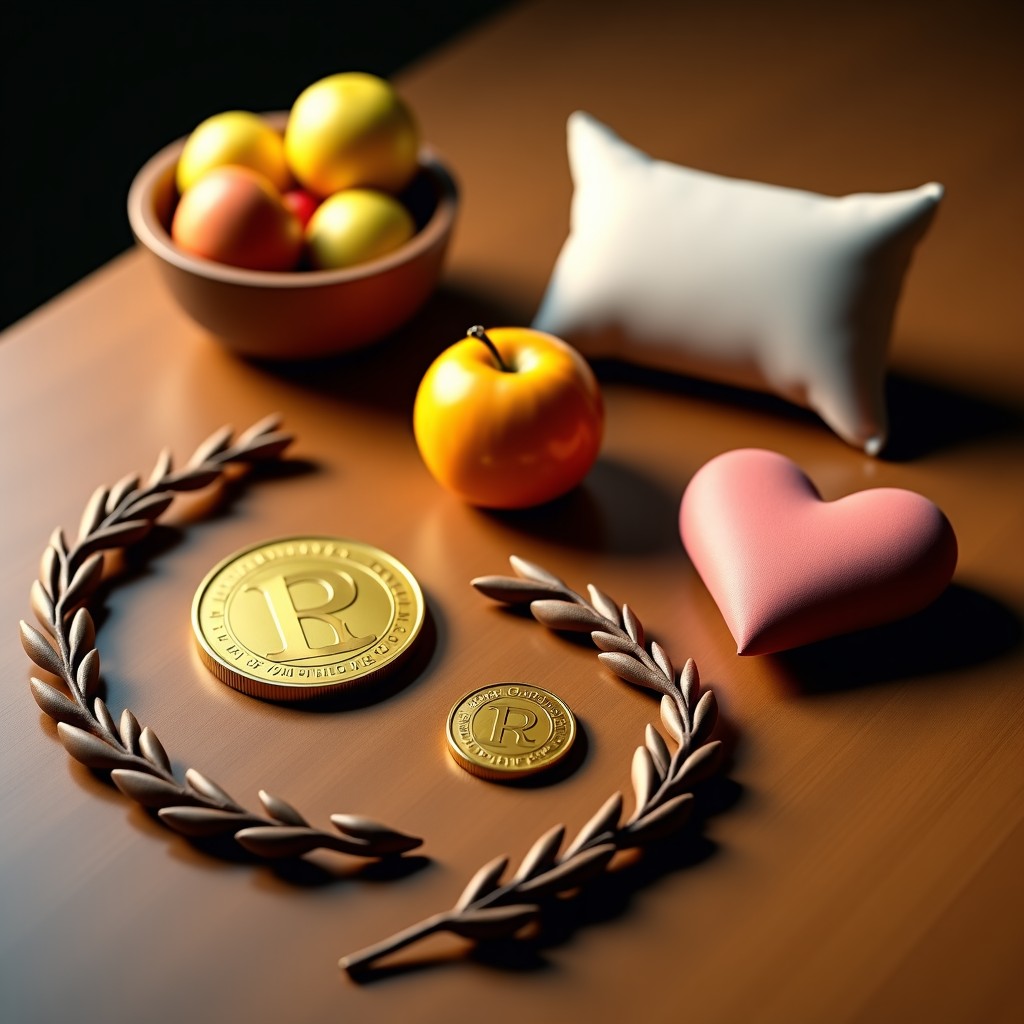 Five symbolic objects like a gold coin, a bowl of fruit, a pillow, a laurel wreath, and a heart, arranged artistically on a wooden table, warm lifestyle photography, 4:3