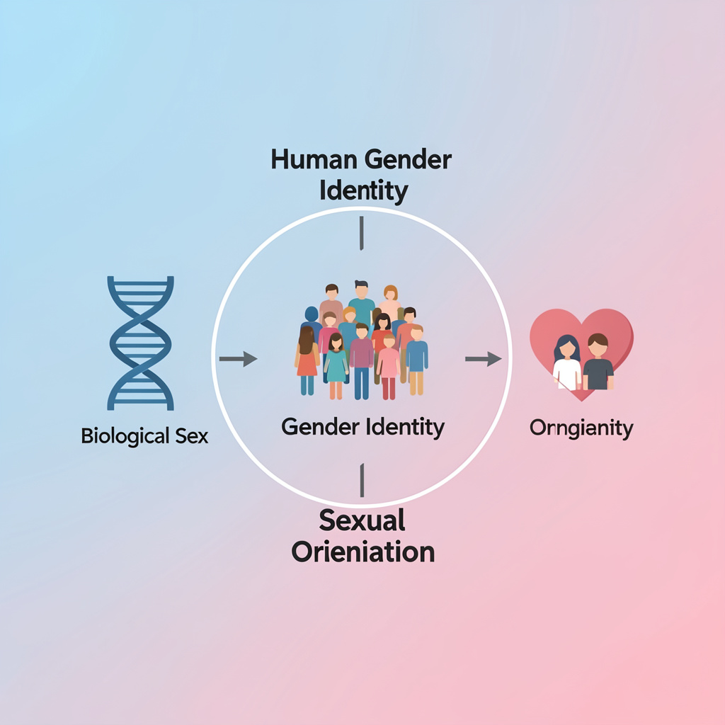 A modern infographic showing three interconnected elements of human gender identity: biological sex, gender identity, and sexual orientation. The elements are illustrated with simple icons: a DNA helix for biological sex, a diverse group of people for gender identity, and a heart with two figures for sexual orientation. The background is a soft gradient of blue and pink. 1:1