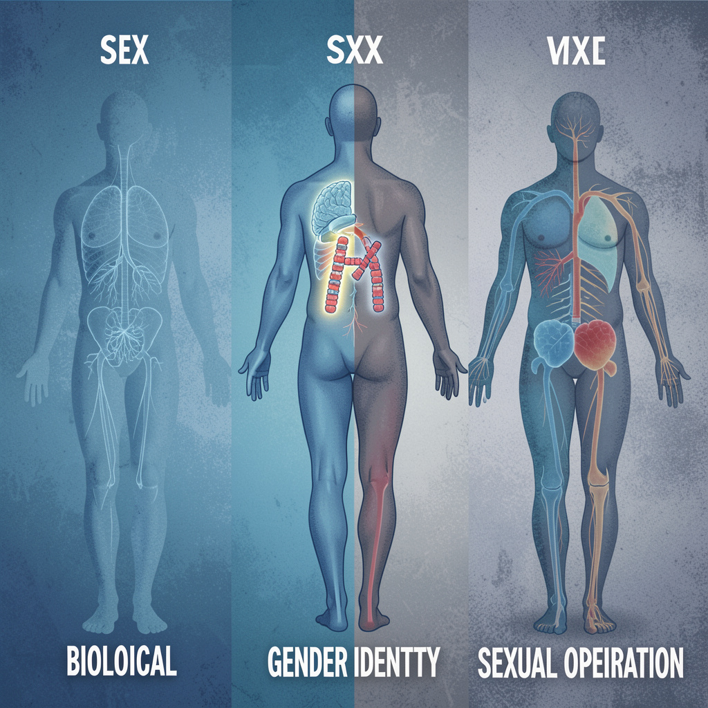 An artistic illustration of a human figure with a visible chromosome pair (XX or XY) highlighted in the body. The image is split into three sections showing biological sex, gender identity, and sexual orientation. The background is a textured blue and gray gradient. 4:3