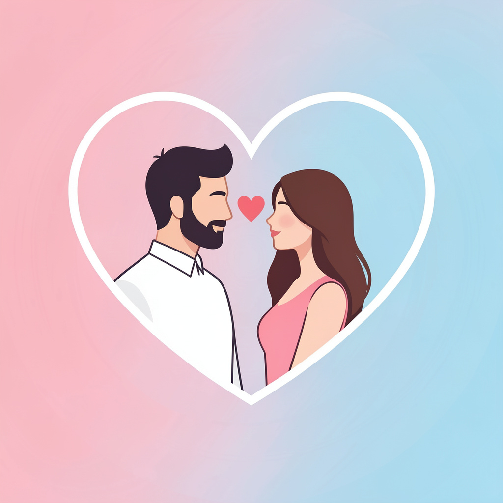 A heart-shaped diagram showing two figures inside, one male and one female, representing romantic attraction. The background is a soft pink and blue gradient. 1:1