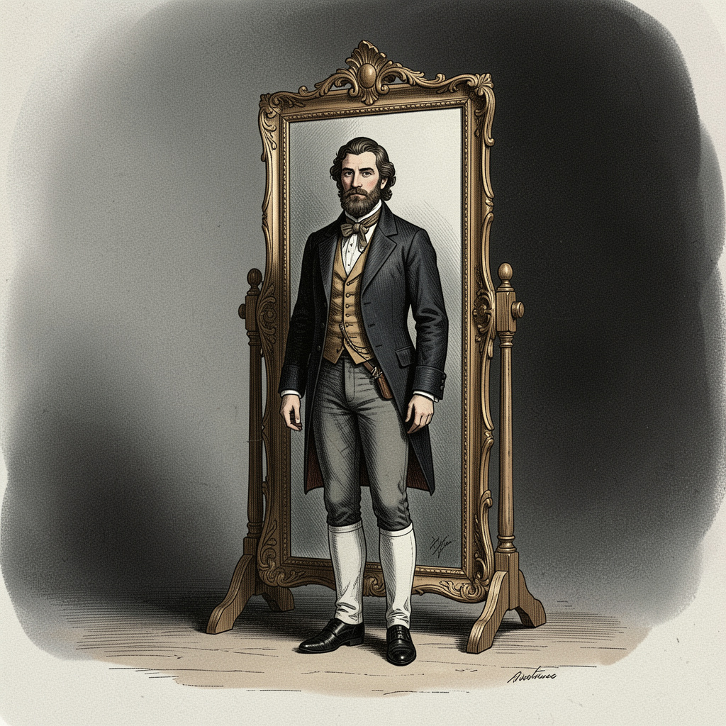 A historical illustration of a man standing in front of a mirror, reflecting his true self. The background is a muted gray and black gradient. 4:3